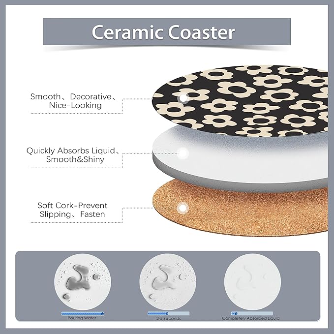 Drink Coasters Set of 6 with Holder,Vintage Flowers,Floral Pink Blue Green Purple Absorbent Ceramic Coasters with Cork Base,Fit All Cups,Tabletop Protection Mat for Mugs and Cups,Office,Kitchen