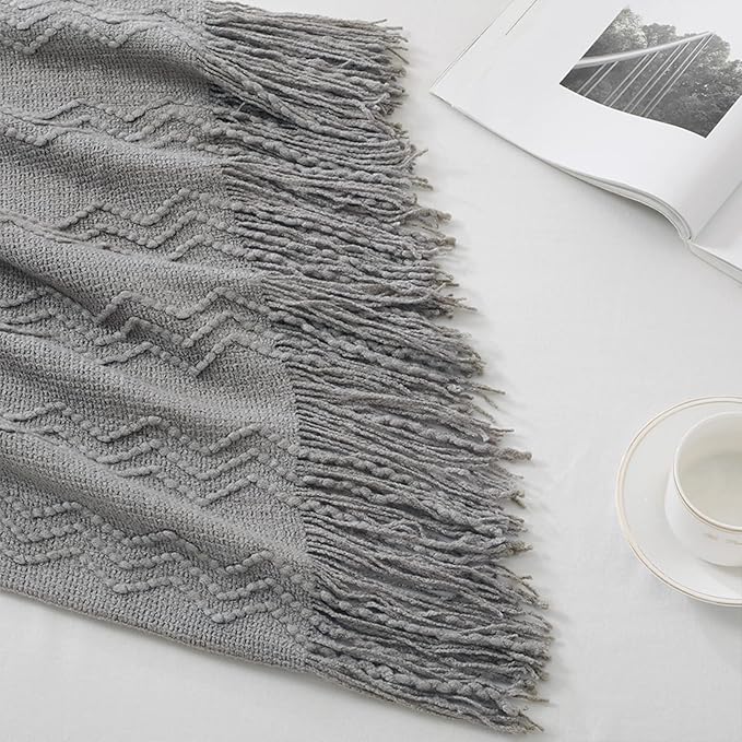 BOURINA Greyish Throw Blanket 50x60 Inches Throw Textured Solid Soft Sofa Couch Decorative Knit Blanket