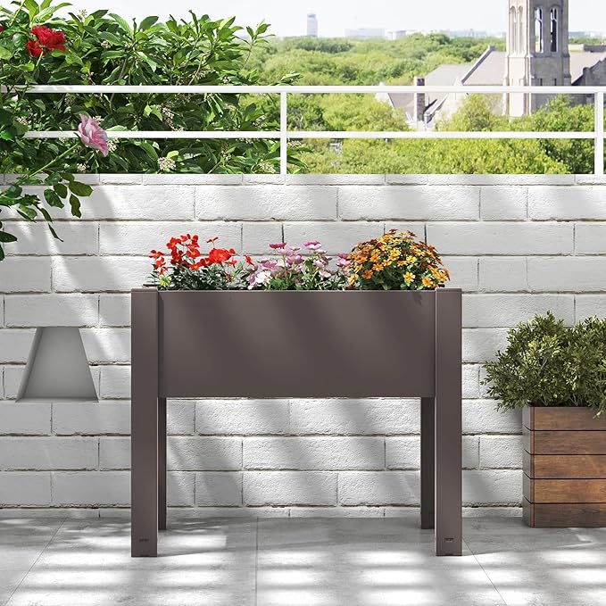 Giantex Raised Garden Bed with Legs, Self-Watering Planter Box with Water Level Indicator, Drainage Hole & Detachable Space Dividers, Outdoor Plant Container for Flower, Vegetable, Fruit, Herb (Brown)