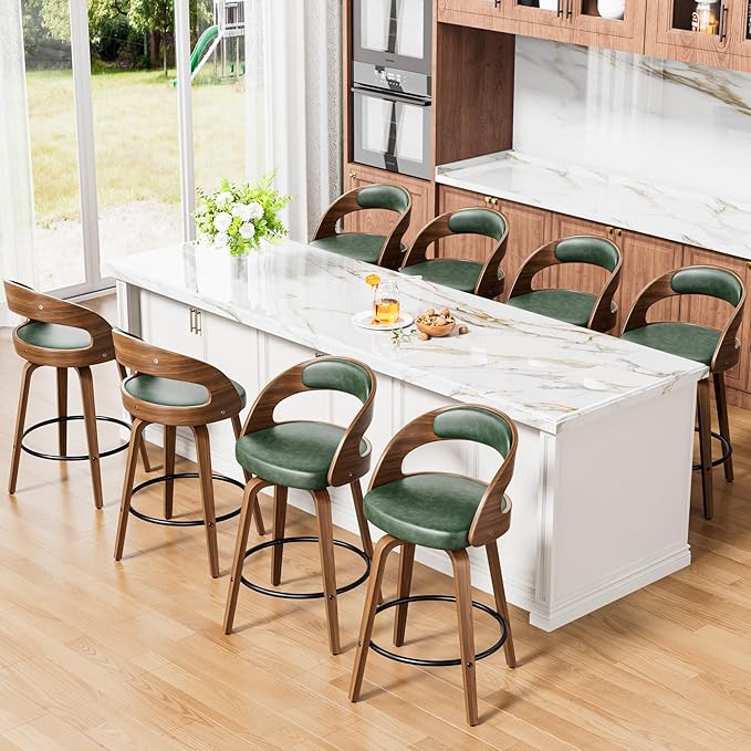 Swivel Bar Stools Set of 4, 26" Upholstered Faux Leather Barstools with Bentwood Legs, Mid Century Modern Counter Height Bar Stools with Back for Kitchen Island, Dining Room, Green