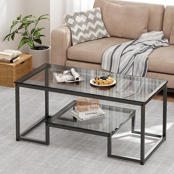 Coffee Table Grey Glass Coffee Table for Living Room,2 Tiers Rectangle Center Table with Sturdy Metal Frame,Modern Tempered Glass Accent Table for Bedroom Home Office