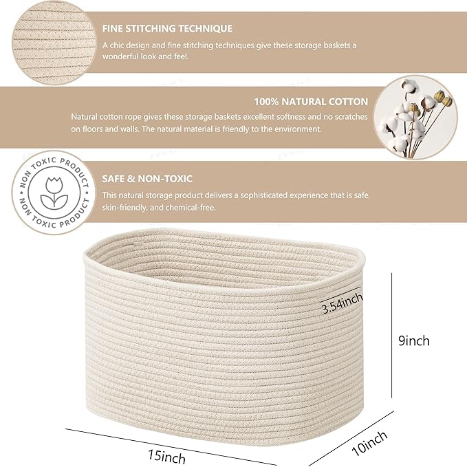 UBBCARE 3-Pack Woven Rope Shelf Baskets - 15x10x9in Decorative Storage Basket for Toys, Kids Playroom, Closet Organization & Cube Storage Organizer | Gift Basket Empty, Beige