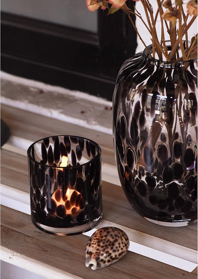 CONVIVA Decorative Glass Vase and Candle Holder Set, Fall Home Decor 3-Piece, Black Tortoise Pattern