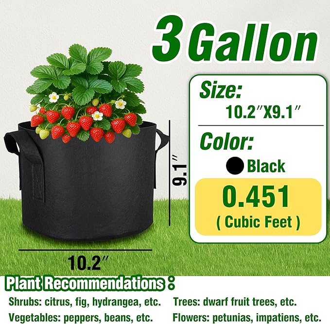 PHYEX 12-Pack 3 Gallon Grow Bags, Heavy Duty Fabric Pots with Handles, Reusable Plant Bags for Vegetable, Herbs & Flowers, BPA-Free, Breathable, Durable