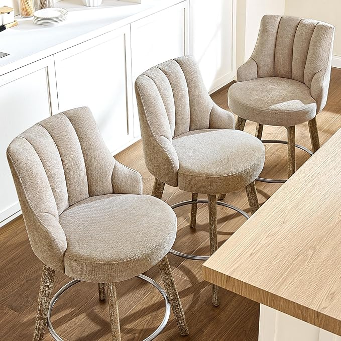 IWOOD Counter Height Bar Stools,Swivel Bar Stools with Backs,Barstools Set of 3,26'' Solid Wood Legs,Thick Seat Upholstered Linen Fabric Counter Height Stools in Sand