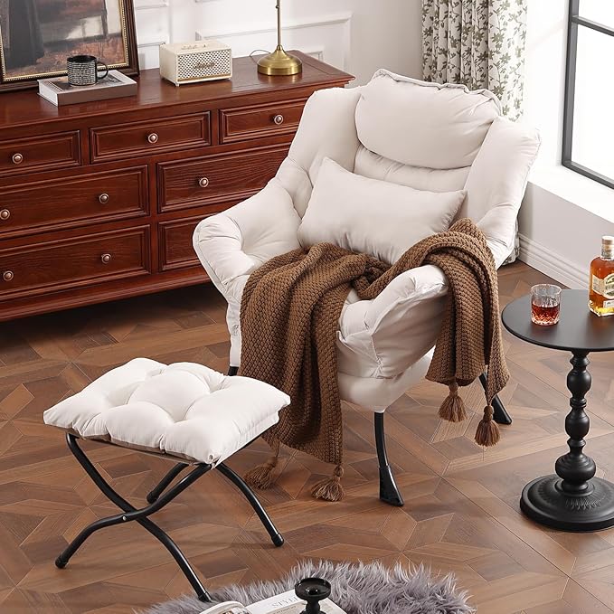 Lazy Chair with Ottoman, Modern Accent Chair with Lumbar Pillow, Comfy Chairs with Folding Footrest for Bedroom, Reading, Oversized Supportive Lounge Chairs(Beige)