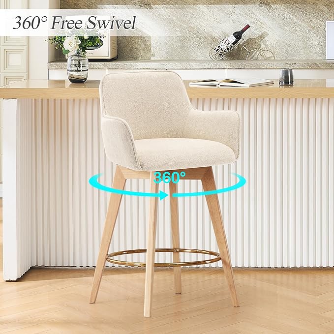 Counter Height Swivel Bar Stools, Linen Upholstered Bar Stools with Back, Arms, Solid Wooden Legs, 26 Inch Chairs for Kitchen Island, Home Pub, Cafe, 2 Pcs, Beige
