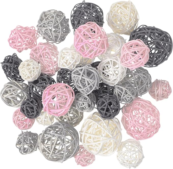 Patelai 36 Pcs Wicker Rattan Balls Decorative Balls for Vase Centerpiece Bowls Orbs Filler for Home Decor,4 Sizes(White, Pink, Light Grey, Dark Grey)