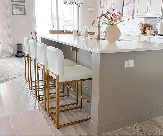 ALPHA HOME 24 Inch Bar Stools Set of 6, Kitchen Counter Stools with Backs, PU Leather Barstools, White Bar Stools with Upholstered Footrest, Sturdy Chromed Metal Steel Frame, White