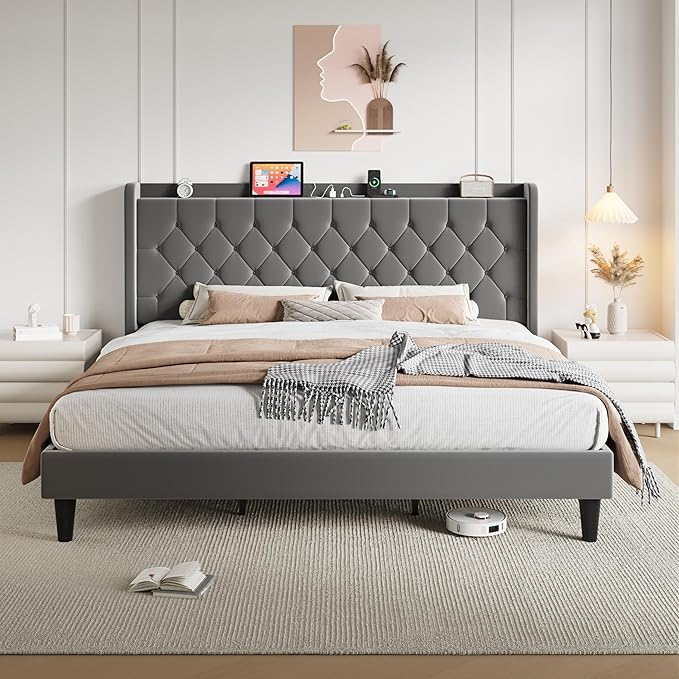 SHA CERLIN King Size Platform Bed Frame with Charging Station, Velvet Wingback Headboard with Storage Shelf, Wooden Slats Support, Ample Under-Bed Space, No Box Spring Needed, Easy Assembly, Grey