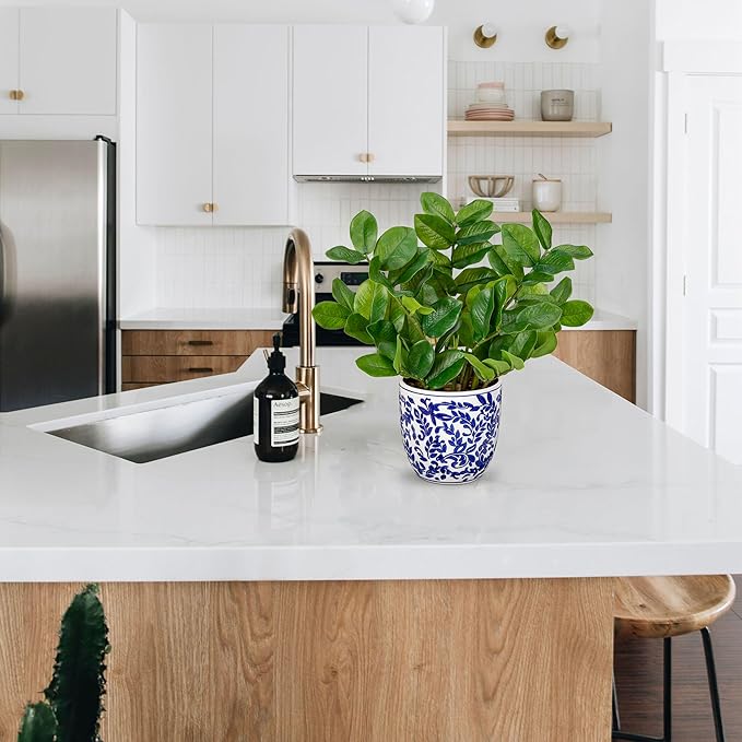 Briful Faux Plants Indoor 15.7in Fake ZZ Silk Plant in Blue and White Ceramic Pot Realistic Artificial Tropical Plant for Home Office Room Kitchen Shelf Decor