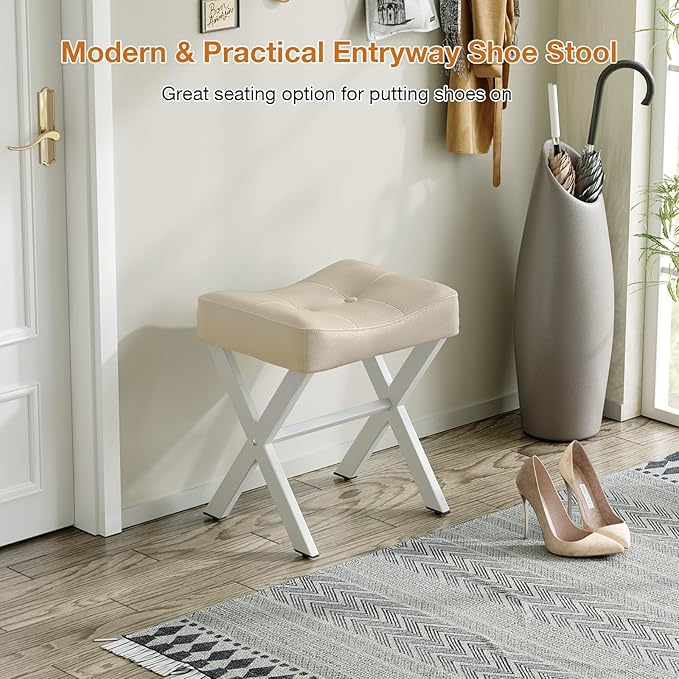 18-Inch Leather Vanity Stool Chair, Vanity Bench with Metal X-Leg, Ottoman Accent Stool with Thick Padded Saddle Seat, Beige