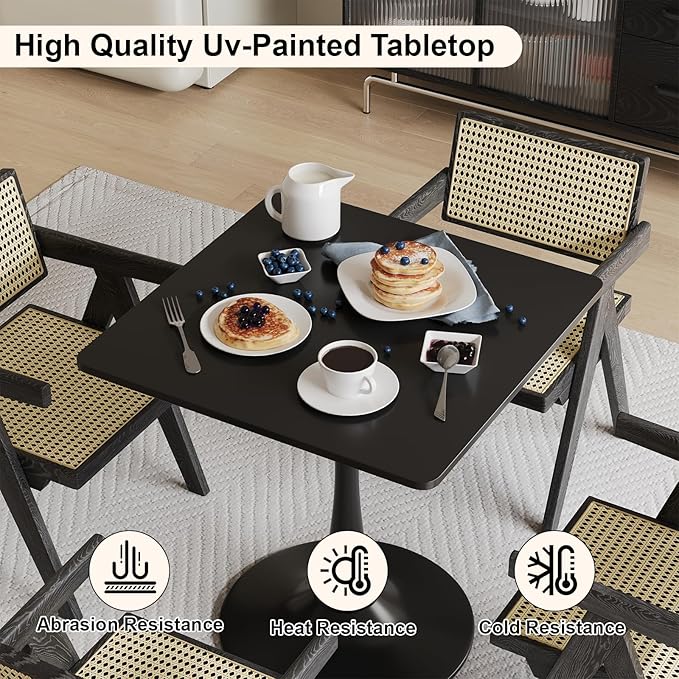 24" Black Small Dining Table for 2 or 4, Small Square Tulip Table for Kitchen, Round Corner Wood Bistro Table, Mid Century Modern Tables with Sturdy Pedestal for Living Room, Cafe, Office, Pub, Bar