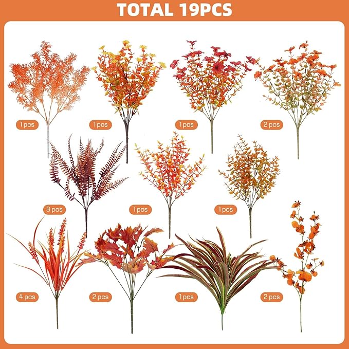 GTIDEA 19 Bundles Outdoors Artificial Fall Flowers Fake Fall Plants for Outdoor Fall Decor UV Resistant Faux Mum Plants Plastic Flowers Bushes for Outside Planter Porch Window Box Patio Home Decor