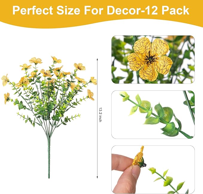 Fall Mums Artificial Flowers for Outdoors Potted, 12 Bundles Fake Fall Daisy Flower with Realistic Eucalyptus Leaves, Fake Plants for Greenery Boxwood Porch Patio Garden Pot Lawn(Yellow Orange)
