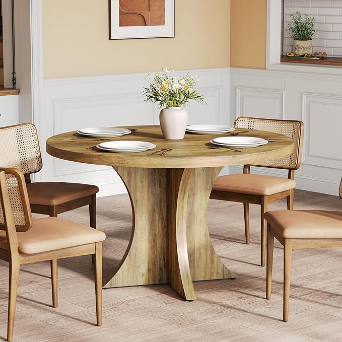 LITTLE TREE Round Dining Table for 4-6, 47.24 Inches Farmhouse Wooden Kitchen Table with Spacious Tabletop for Dining Room, Oak