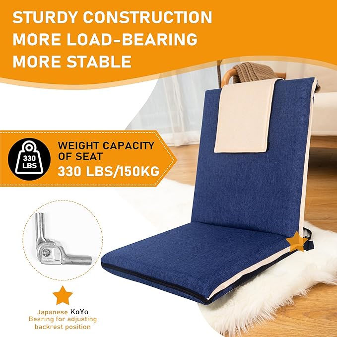 14-Position Adjustable Floor Chair with Back Support - Portable Gound Seating for Adults & Kids, Foldable Meditation Chair with Japanese KOYO Bearings & Washable Linen Cover (Blue)