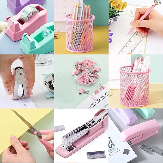 Pink Office Supplies, Pink Desk Accessories, Stapler, Staple Remover, Tape Holder, Pen Holder, Ballpoint Pen, Scissor, Binder Clips, Paper Clips and 1000pcs Staples.