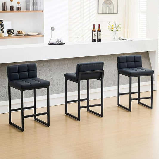Bar Stools Set of 3, Upholstered Faux Leather Counter Height Barstools with Low Back and Thickened Metal Legs, Modern Bar Chairs for Kitchen Island, Bar, Counter (Black, 3Pcs 26" Bar Stools)