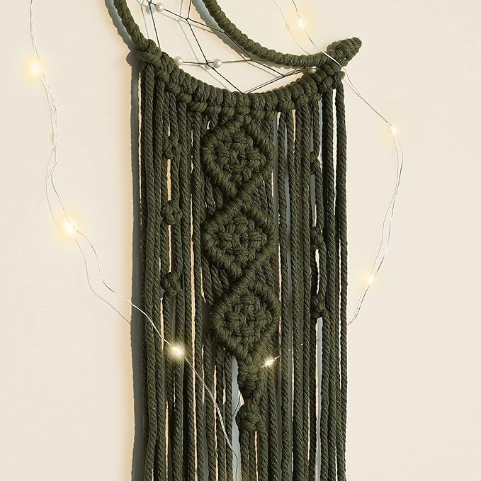 Olive Macrame Moon Dream Catcher, Boho Crescent Phase Woven Wall Hanging with Light, Handmade Unique Bohemian Nursery Decor with Star Ornament Decoration for Home Bedroom, for Girl Kids
