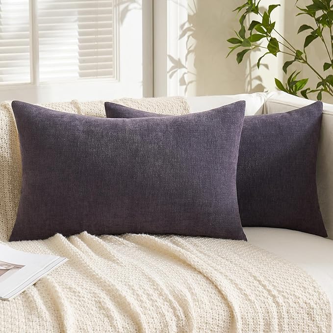 MIULEE Dark Grey Couch Pillow Covers 12x20 Inch, Set of 2 Soft Chenille Decorative Lumbar Throw Pillow Covers Farmhouse for Sofa Living Room Bed