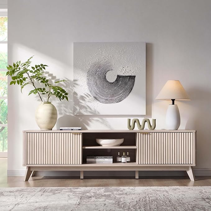 OKD 70" Mid Century Modern Fluted TV Stand, Entertainment Center, Sideboard, Media Console for Living Room with 2 Soft Close Door/Adjustable Shelves (Alder White)