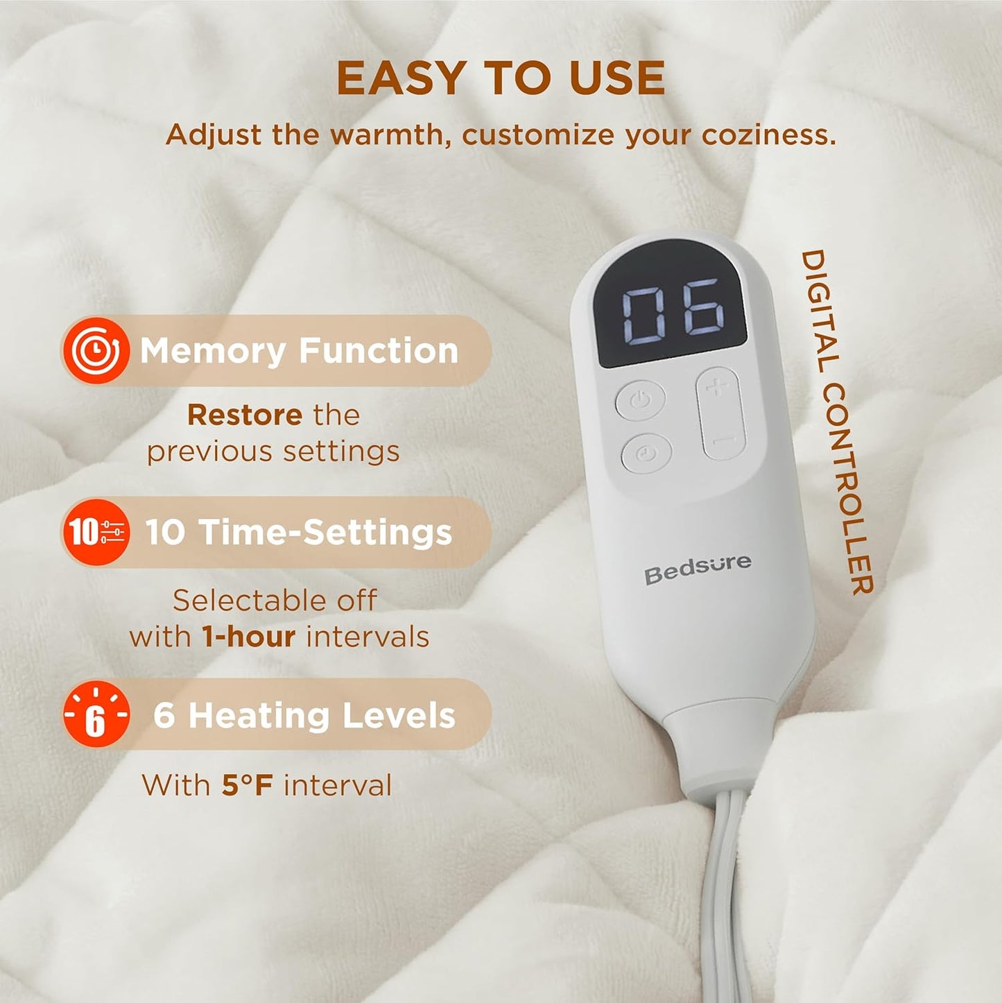 Bedsure Electric Blanket Full Size - Heated Weighted Blanket Full with 6 Heat Settings, Fasting with 10 Time Settings & 8 Hours Auto-Off (72x84 inches, Ivory)