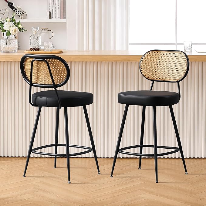 BFZ Counter Height Bar Stools Set of 2, 26" Seat Height Barstools with Rattan Back and Metal Legs, Upholstered Faux Leather Bar Chairs for Kitchen Island, Home Bar, Black