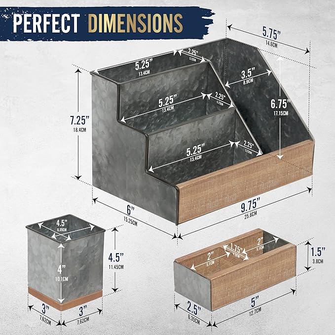 HBCY Creations 3 Piece Galvanized Metal Desk Organizer Set - Rustic Mail Organizer For Desktop - Great For Industrial Home Decor! Makeup Organizer For Vanity