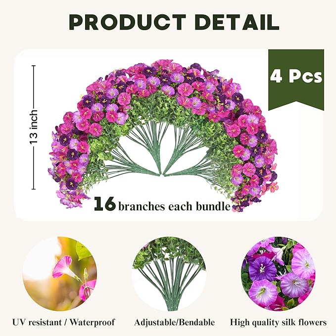 Artificial Flowers for Outdoor, Fake Flowers Faux Plants for Outside Indoor, 4PCS Summer Decor, Morning Glory Petunia UV Resistant, for Garden Porch Window Box Home Planters (Dark&Light Purple Bulk)