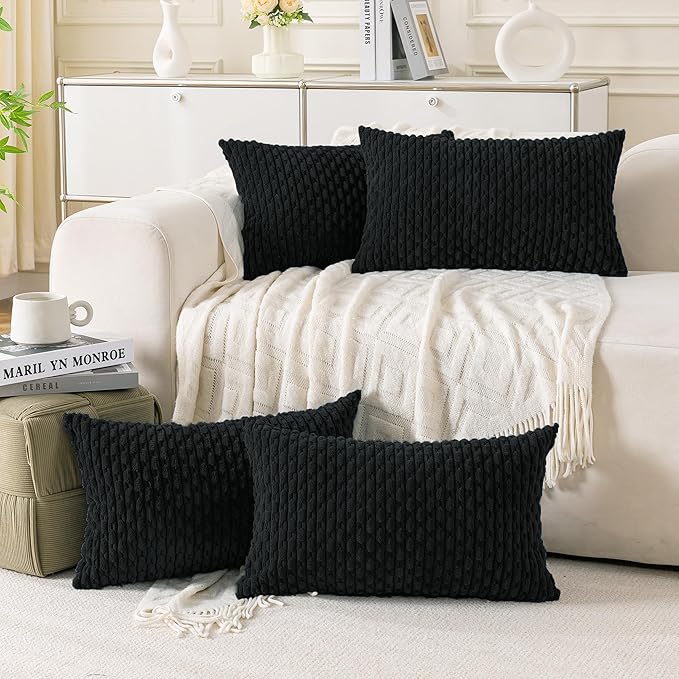Set of 4 Black Decorative Throw Pillow Covers 12x20 Inch Corduroy Pillow Covers for Bed Couch Sofa Living Room Soft Cushion Cases