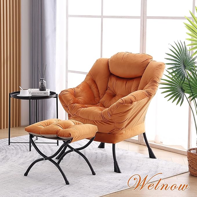 Welnow Lazy Chair with Ottoman, Modern Lounge Accent Chair with Armrests and a Side Pocket, Leisure Sofa Armchair, Reading Armchair with Footrest for Small Space, Corner Chair