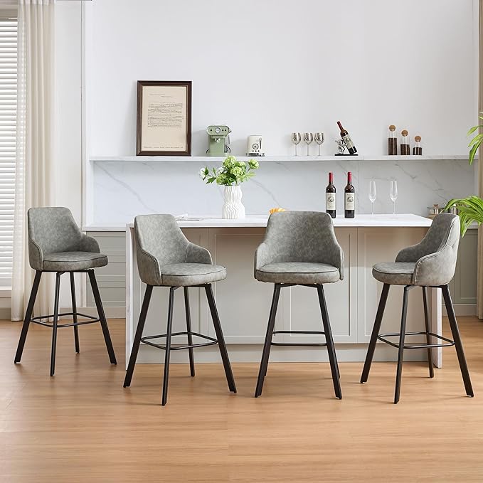 Bar Stools Set of 4, 30" Swivel Bar Height Bar stools with High Back, Faux Leather Kitchen Barstools Bar Height for Kitchen Island (Light Grey, 4PCS 30" Bar Stools)