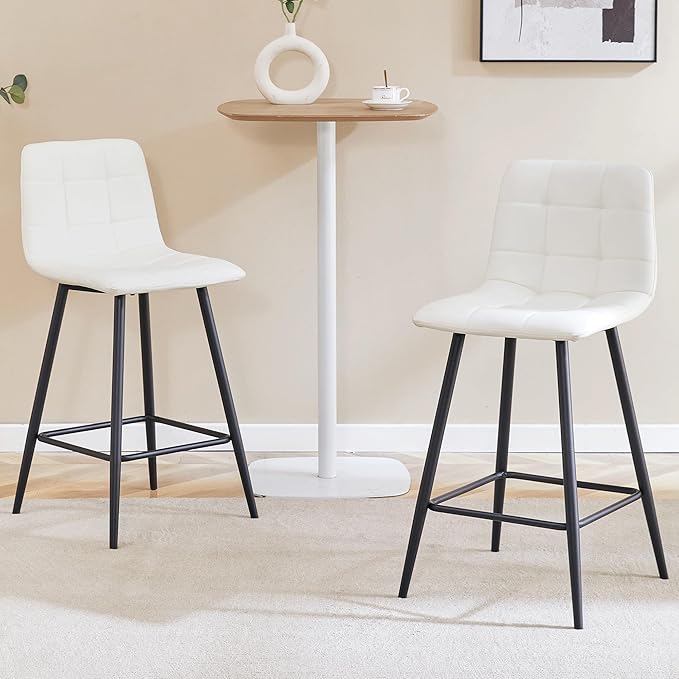 White Barstools Set of 2, 24.4" Counter Height Bar Stools with Back & Metal Footrest, Modern Island Chairs Set of 2 for Kitchens Island Home Bar