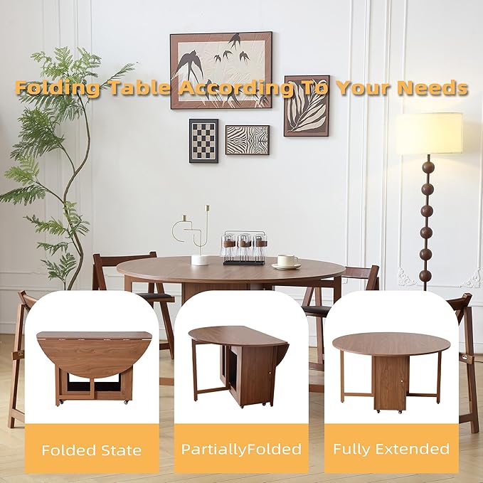 47.3" Round Folding Dining Table for 4-8, Wood Kitchen Foldable Table Large Drop Leaf Dinner Table with Storage Shelf Metal Legs for Home Dining Room Living Room in Walnut
