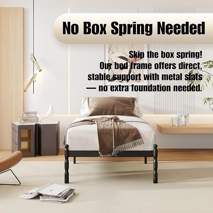 14 Inch Twin Size Bed Frames with 2 Pcs Mattress Slide Stopper, Twin Platform Bed Frame Metal, Heavy Duty, Non-Slip, Easy Assembly, No Box Spring Needed