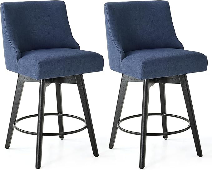 Vipbear Counter Height Bar Stools Set of 2, 26" H Swivel Bar Stools with Backs, Linen Fabric Upholstered Bar Chairs with Solid Wood Legs for Kitchen Island, Dining Room, Home Bar, Deep Blue