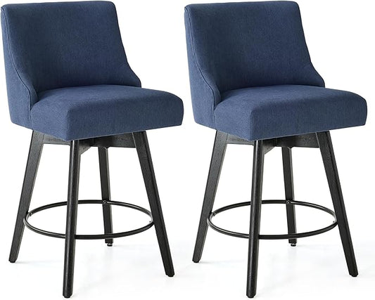 Vipbear Counter Height Bar Stools Set of 2, 26" H Swivel Bar Stools with Backs, Linen Fabric Upholstered Bar Chairs with Solid Wood Legs for Kitchen Island, Dining Room, Home Bar, Deep Blue