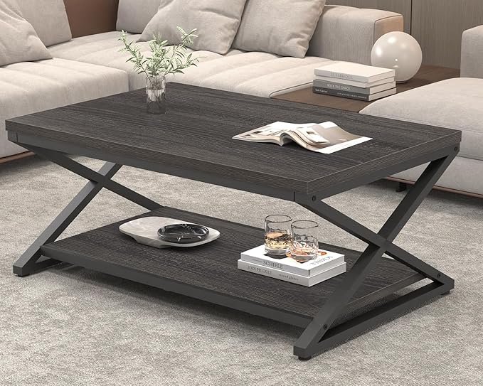 HSH Gray Storage Coffee Table, Modern Center Table for Living Room with Display Shelf, Simple Metal Wooden Rectangle Cocktail Tea Table, Minimalist Home Office Bedroom 2 Tier Coffee Table, 39 Inch