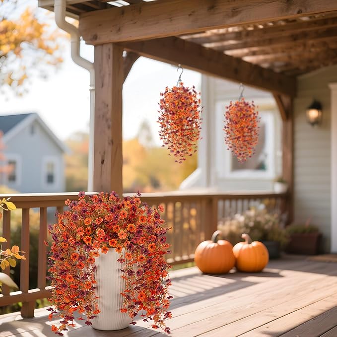 Fake Mums Artificial Fall Hanging Flowers for Outdoors Decoration 2 PCS Faux Mums for Outdoor Planters Fake Plants Look Real Daisy Flower No Fade Autumn Decor for Porch Home Patio Balcony and Yard