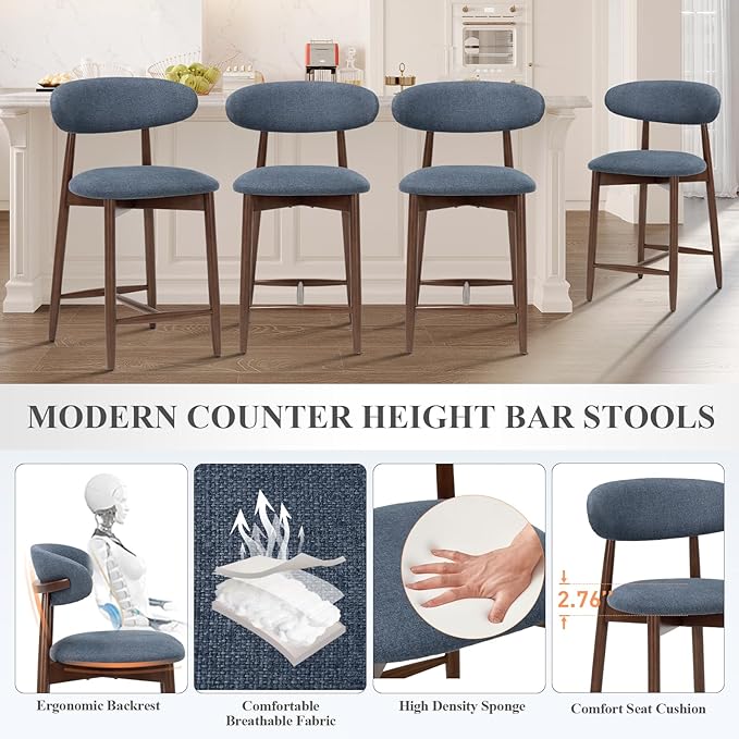 COLAMY Upholstered Counter Height Bar Stools, Kitchen Island Chairs with Back, Modern Counter Stools with Wood Legs for Kitchen Dining Room, Blue
