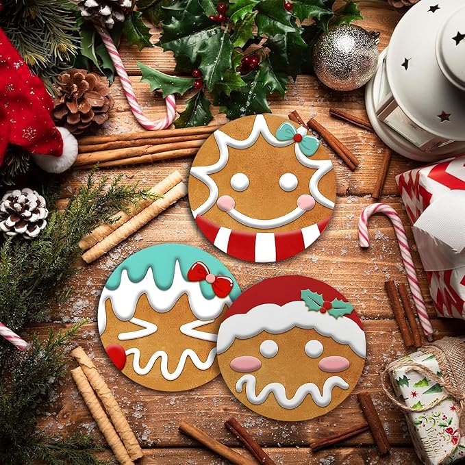 Christmas Absorbent Coasters with Holder Set of 6, Ceramic Stone with Cork Base, Cute Gingerbread Man Coaster for Drinks, Gift for Housewarming Room Bar Home Decor Kitchen