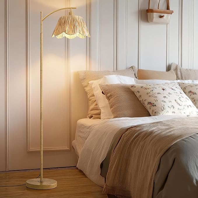 Oneach Boho Floor Lamp for Living Room, Farmhouse Standing Lamp with Foot Switch, Corner Reading Lamps for Bedroom with Hand-Woven Shade, Light Woodgrain Metal Base & Pole