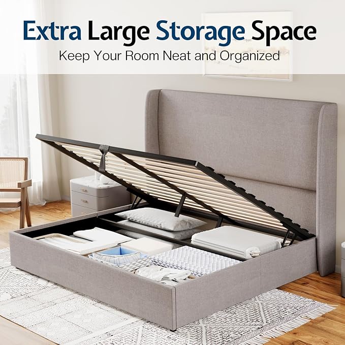 Jocisland Queen Size Lift Up Storage Bed Frame Linen Upholstered Platform Bed/Hydraulic Storage/Modern Wingback Headboard/No Box Spring Needed/Wood Slats Support/Light Grey
