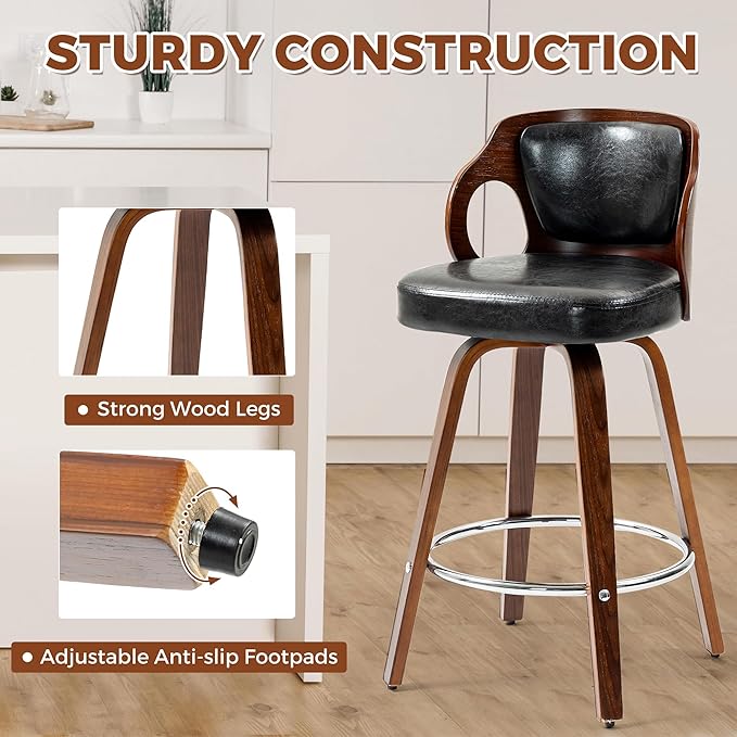 ECOTOUGE Swivel Bar Stools Set of 4, Walnut Faux Leather Counter Height Barstools with Bentwood Back and Footrest, for Dining Room, Kitchen Island and Pub, Black