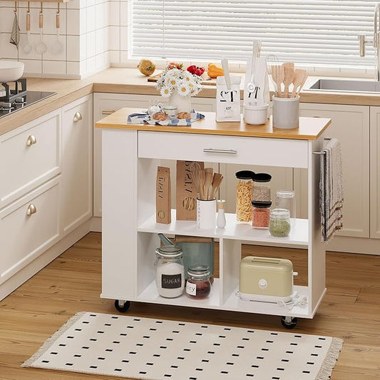 Shintenchi Kitchen Island on Wheels with Storage, Wheeled Island & Cart with 3-Tier Spice Rack, 3 Open Shelves and 1 Drawer, White