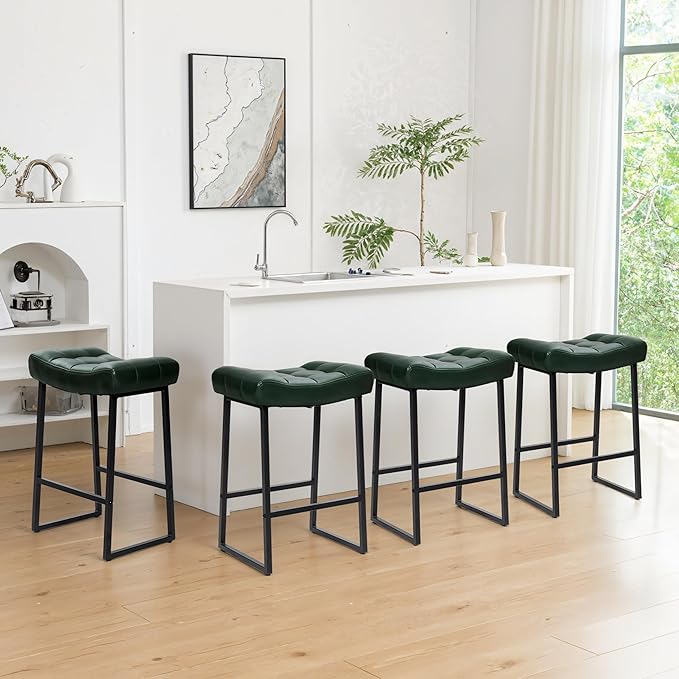 Modern Bar Stools Set of 6 for Kitchen Counter 24 inch Counter Height Backless Barstools with Upholstered Faux Leather Saddle Seat and Metal Frame Industrial Bar Chairs, Dark Green