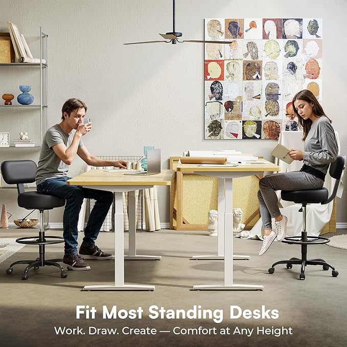 SUPERJARE Drafting Chair with Back, Adjustable Foot Rest Rolling Stool, Multi-Purpose Office Desk Chair, Thick Seat Cushion for Home Bar Kitchen Shop - All Black