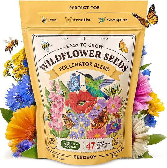 Seedboy Wildflowers for Pollinators Seed Mix – 2 oz Bulk Wildflower Seeds - 40,000+ Non-GMO Seeds for Bees Butterflies Hummingbirds – 47 Varieties of Annual & Perennial Wild Flowers for Planting (2oz)