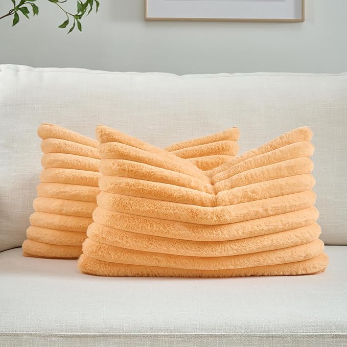 FUTEI Orange Striped Decorative Throw Pillow Covers 12x20 Inch Set of 2,Rectangle Fall Decorations Couch Lumbar Pillowcase,Soft Cozy Faux Rabbit Fur & Velvet Back,Modern Home Decor for Bed